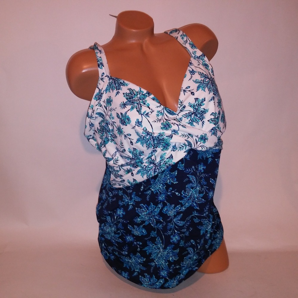 Lands End Swim Tankini Top 18DDD Navy Blue White Floral Padded Underwire